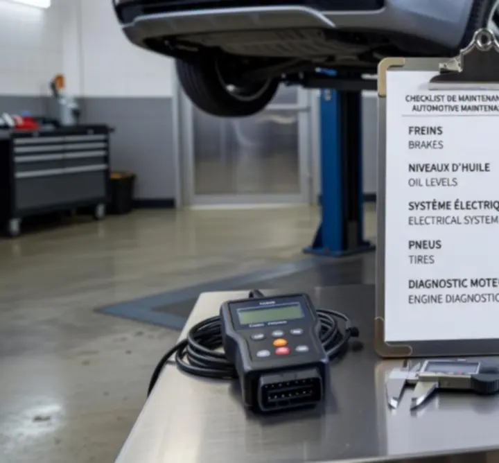 Liste de contrôle d'entretien automobile sur une tablette à côté d'un véhicule